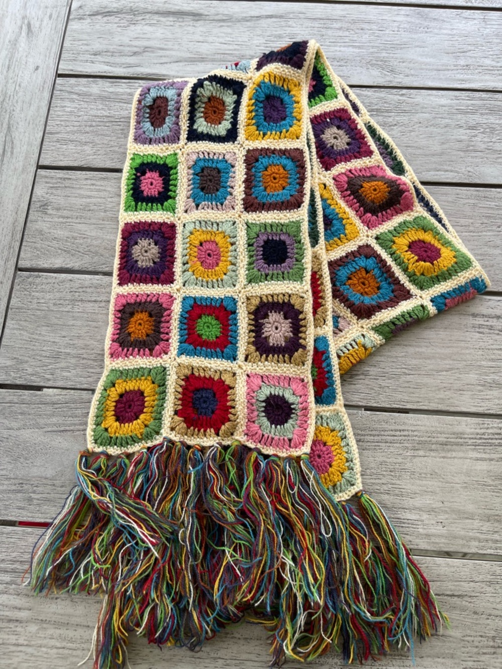 1970’s Style Granny Square Fringed Scarf Wrap